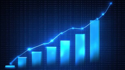 Digital stock market chart with step graph, rising bars representing investment growth, blue financial background, futuristic business analysis concept, economic trends visualization.