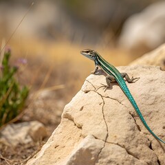 Vibrant Blue Tailed Lizard on Sunlit Rock in Mediterranean Habitat