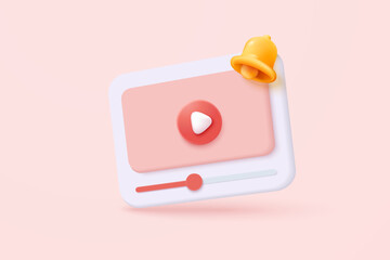 3d social media with live streaming and emotion on frame in pink background. Social media online play video with bell alert notification concept. 3d live entertainment icon vector render illustration
