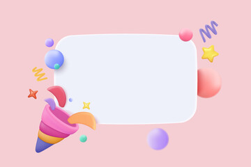 3d party poppers with flying confetti for announce promotion in new year. Firecracker explodes with ribbon explode for surprise, birthday party with cone popper. 3d icon vector render illustration