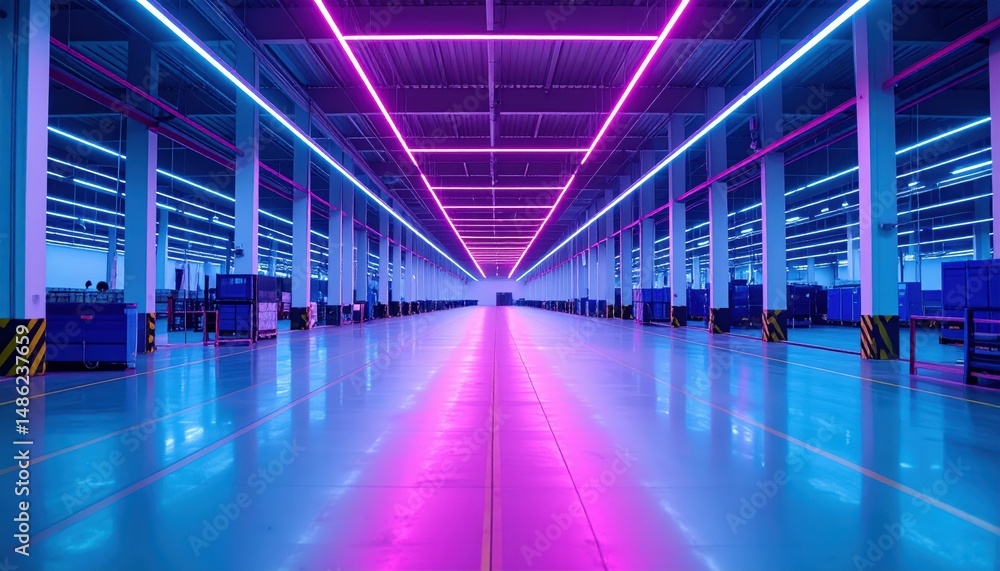 Poster neon ambient lighting in modern distribution center with robots