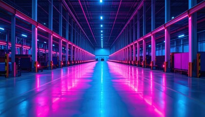 Fototapeta premium Neon-Lit Distribution Center with Robotic Pickers in Ambient Lighting
