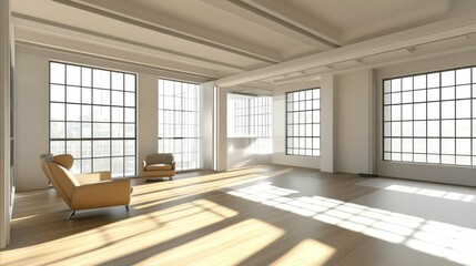 Fototapeta premium Sun-Drenched Loft Interior: Serene Ambiance with Modern Furniture and Spacious Layout
