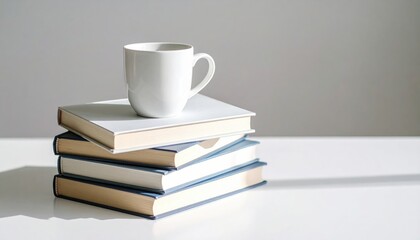 Morning Ritual: A stack of books, an inviting, warm cup of coffee or tea, bathed in natural light creating a cozy atmosphere.