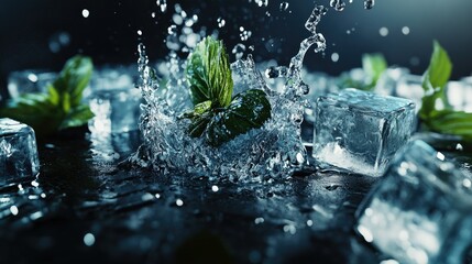 A close-up image featuring fresh green mint leaves intertwined with ice cubes,