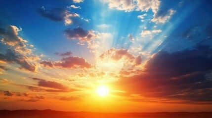 Naklejka premium Radiant sunrise painting the sky with vibrant colors and soft sunbeams