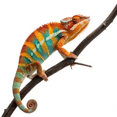 Obraz premium Vibrant Panther Chameleon on Branch Isolated on White Background