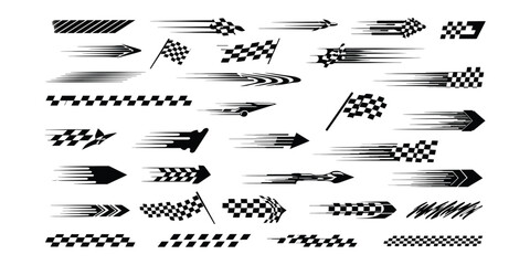 "Racing Speed Arrows and Checkered Flag Motion Icons &ndash; Dynamic Fast Movement and Direction Symbols"