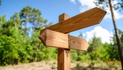 Directional Beacon: Wooden signpost offering directional guidance in a vibrant forest scene. The arrow pointing to right showcases a route and conveys choices available to traveler.