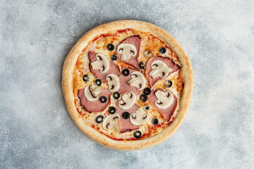 Ham, Mushroom & Olive Pizza – A classic pizza topped with juicy ham, sliced mushrooms, and black olives, set against a textured concrete background for a clean and modern aesthetic.