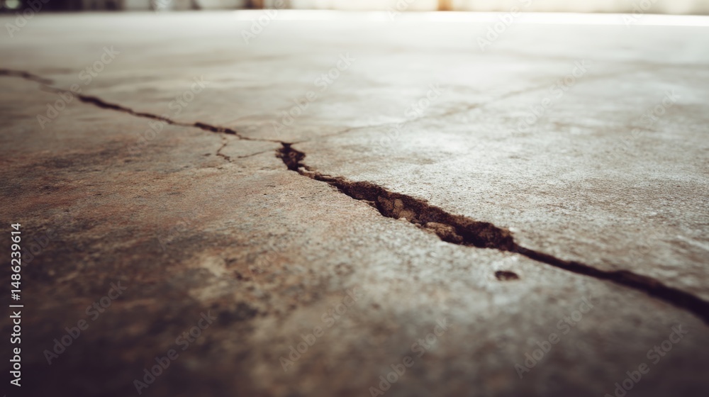 Aufkleber jagged cracks reveal rich earthy tones on a weathered concrete surface, dramatically lit to highligh