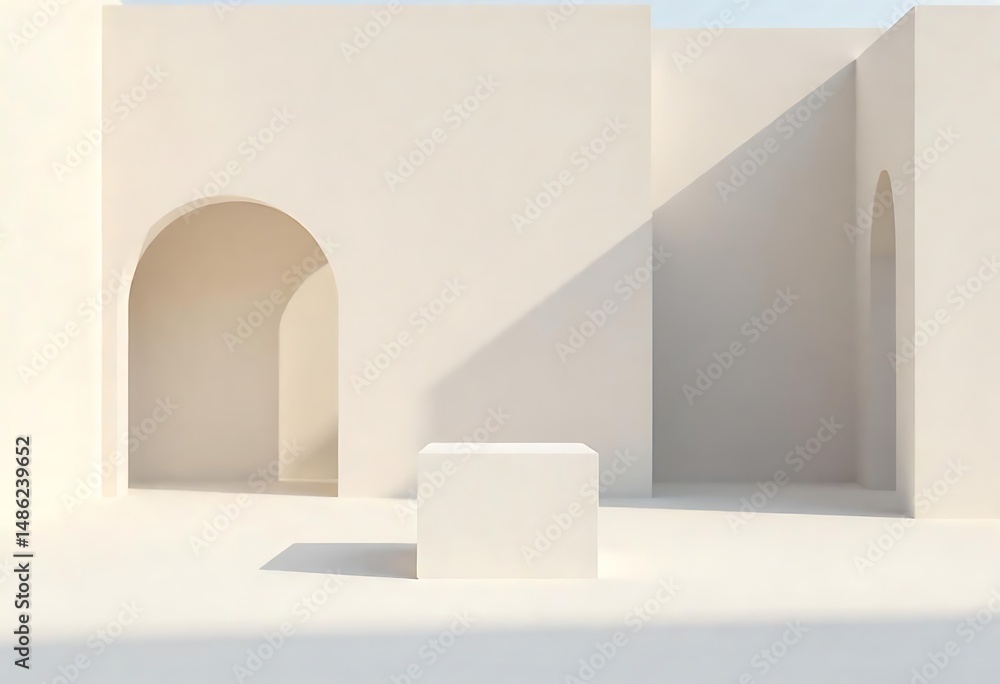 Poster generative ai presentation podium in empty minimal room with arched doorways
