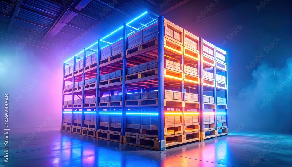 Poster neon lit pallet racking system in misty atmosphere with stacked pallets