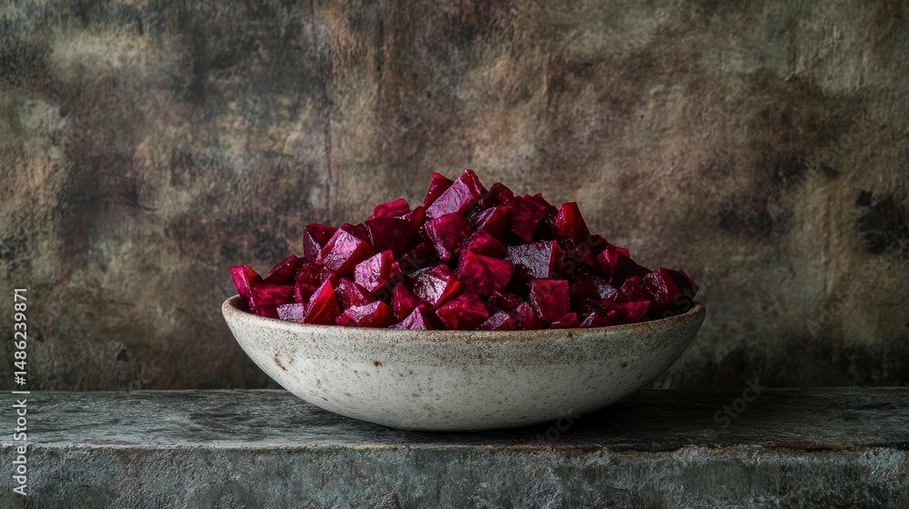 Poster bowl of diced beetroot on rustic surface.