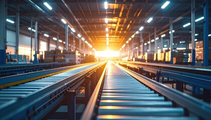 Warehouse Conveyor Belts in Neon Light During Golden Hour