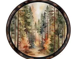 watercolor-painting-of-a-forest-landscape-with-tall-trees-and-a-pathway-in-a-round-frame-artistic-illustration-of-nature-scenery-for-wall-decor