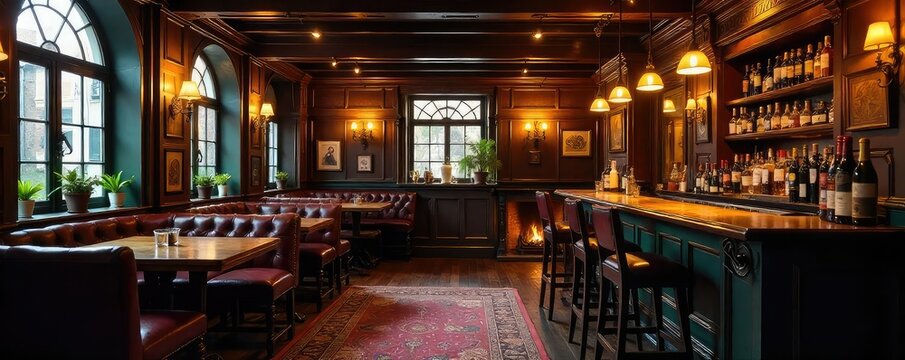 A cozy, traditional British pub interior, featuring dark wood furnishings, a fireplace, and a well-stocked bar Warm lighting and a comfortable atmosphere are evident , beer, british