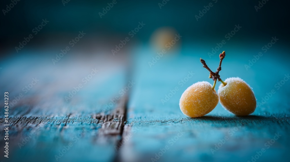 Aufkleber close-up view of ripe peaches with soft fuzz sitting on a textured wooden surface, emphasizing fresh