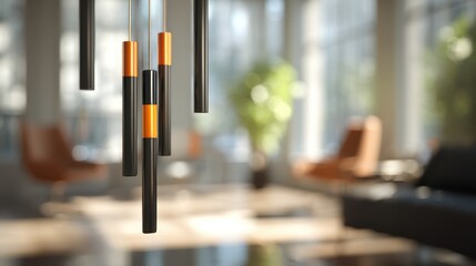 Modern Interior Design Abstract Orange and Black Hanging Decor in a Bright Room