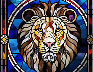 Stained-Glass-Lion-Majestic-King-of-the-Jungle-Artwork-Colorful-Mosaic-Design-Medieval-Style-Window-Decoration-Symbolic-Lion-Illustration-Royal-Animal-Art-Lion-Face-Image
