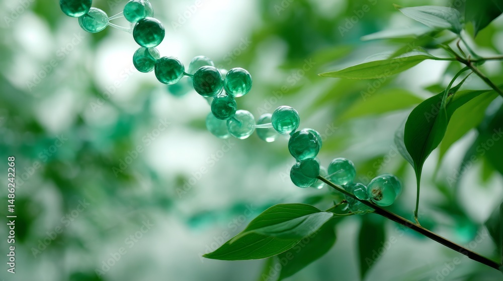 Poster a delicate dna double helix composed of translucent green beads hangs in mid-air, surrounded by blur