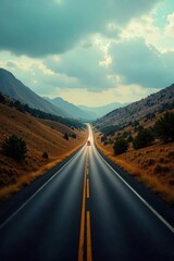 Naklejka premium A lone automobile on a long, winding road, disappearing into the distance, evokes a sense of adventure and the open road Perfect for travel, journey, freedom, and escape themes , landscape, autumn