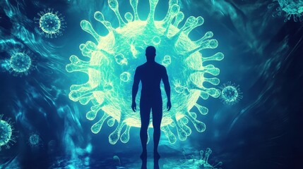 Human silhouette inside a glowing virus cell, covid, symbolizing isolation and quarantine experience. 