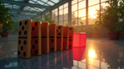 Falling dominoes with a single red block left standing under morning sun
