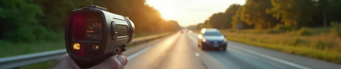 A police radar gun pointed down a highway, capturing speed violations The blurred background emphasizes the speed of passing vehicles A clear day with bright sunlight , enforcement, distance