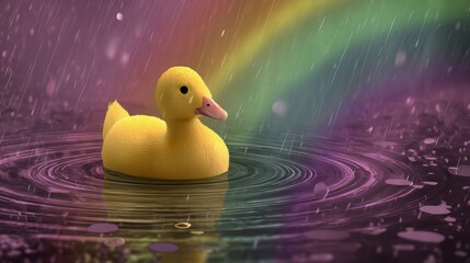 Adorable Yellow Duckling Swimming in a Rainy Puddle with Rainbow