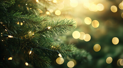 Lush Green Fir Branches Close-Up: Softly Illuminated Christmas Tree De