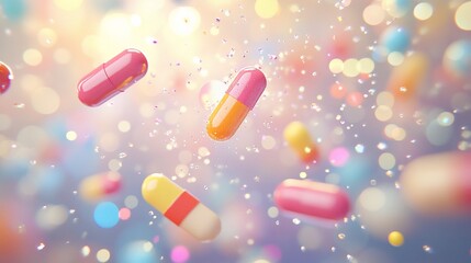 Colorful pills levitate in a vibrant bokeh background
