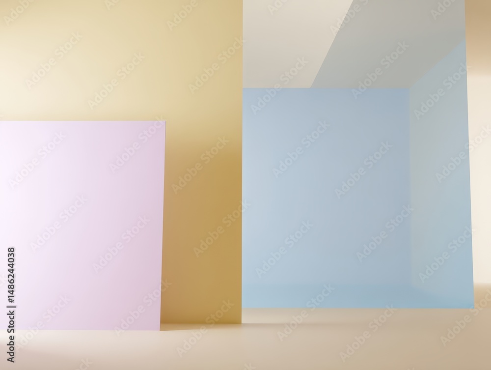 Poster Abstract interior scene featuring pastel colored walls and geometric shapes creating a serene and calming atmosphere ideal for modern design projects
