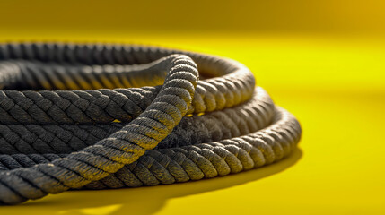 Close-up of coiled black crossfit training ropes on vibrant yellow background, ideal for fitness marketing, strength training visuals and gym advertisements
