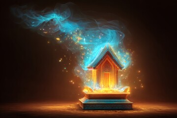 An image of a miniature shrine, emitting a mystical aura, with a striking light. The scene is filled with warm colors and intricate details.