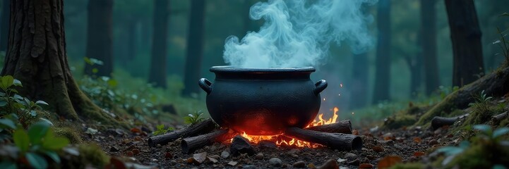 A bubbling cauldron sits over a crackling fire, steam rising amidst dark, foreboding woods Mysterious herbs and strange ingredients simmer within, casting an eerie glow , woods, boiling, magic