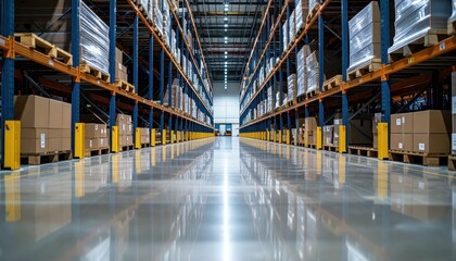 Modern Warehouse Logistics Hub with Pallet Racking and Reflective Floor