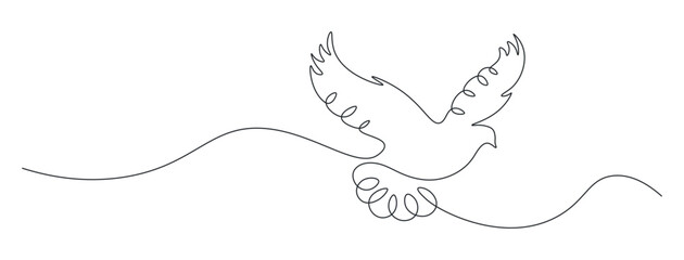 Continuous single line drawing pigeon. Peace and freedom bird symbol in one line. Flying dove silhouette. Editable stroke. Minimalistic doodle logo. Vector horizontal illustration, banner.