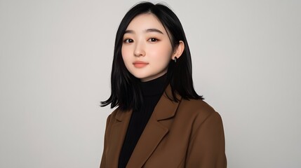 Fototapeta premium Portrait of a young Asian woman in brown coat