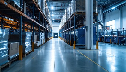Fototapeta premium Organized Pallet Racking System in Modern Warehouse with Ambient Lighting
