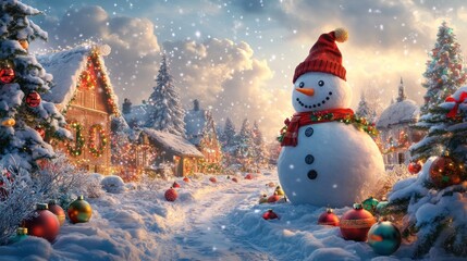 Obraz premium Festive snowman in snowy Christmas village