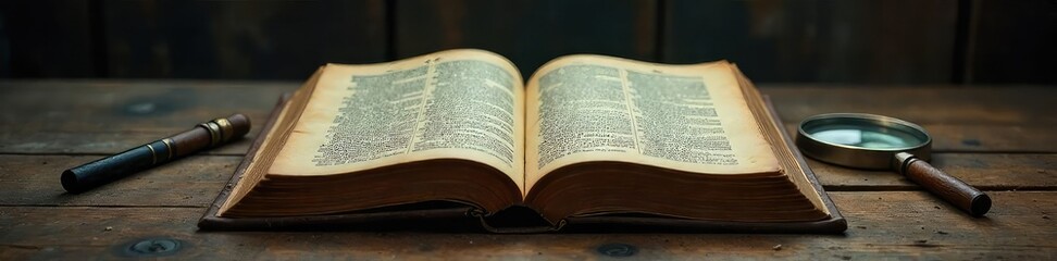 Fototapeta premium A weathered, antique book rests open on a dimly lit wooden table, a single magnifying glass beside it, hinting at a hidden secret within its aged pages , fiction, gothic, novel