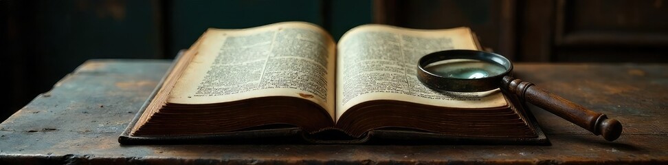 Obraz premium A weathered, antique book rests open on a dimly lit wooden table, a single magnifying glass beside it, hinting at a hidden secret within its aged pages , antique, fiction