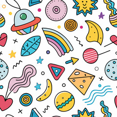 Whimsical, colorful, and fun pattern of playful shapes and objects