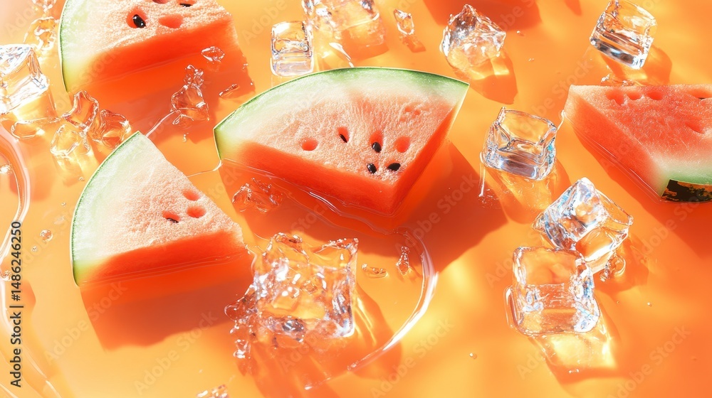 Poster refreshing watermelon slices with ice cubes on orange background.
