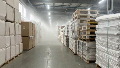 Organized Textile Warehouse with Stacked Pallets and Dust Swirls
