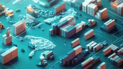 Logistics network flat design side view global supply chain theme 3D render Complementary Color Scheme.