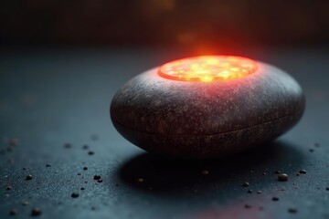 Close-up of a heated massage stone resting on a smooth, dark surface, emitting gentle warmth , luxury, spa, wellness center
