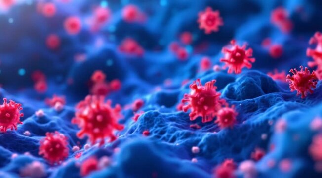 Animated visualization of coronavirus microscopic structure with detailed red and blue textures