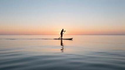 Serene Silhouette On Water Paddle Board At Calm Sunset